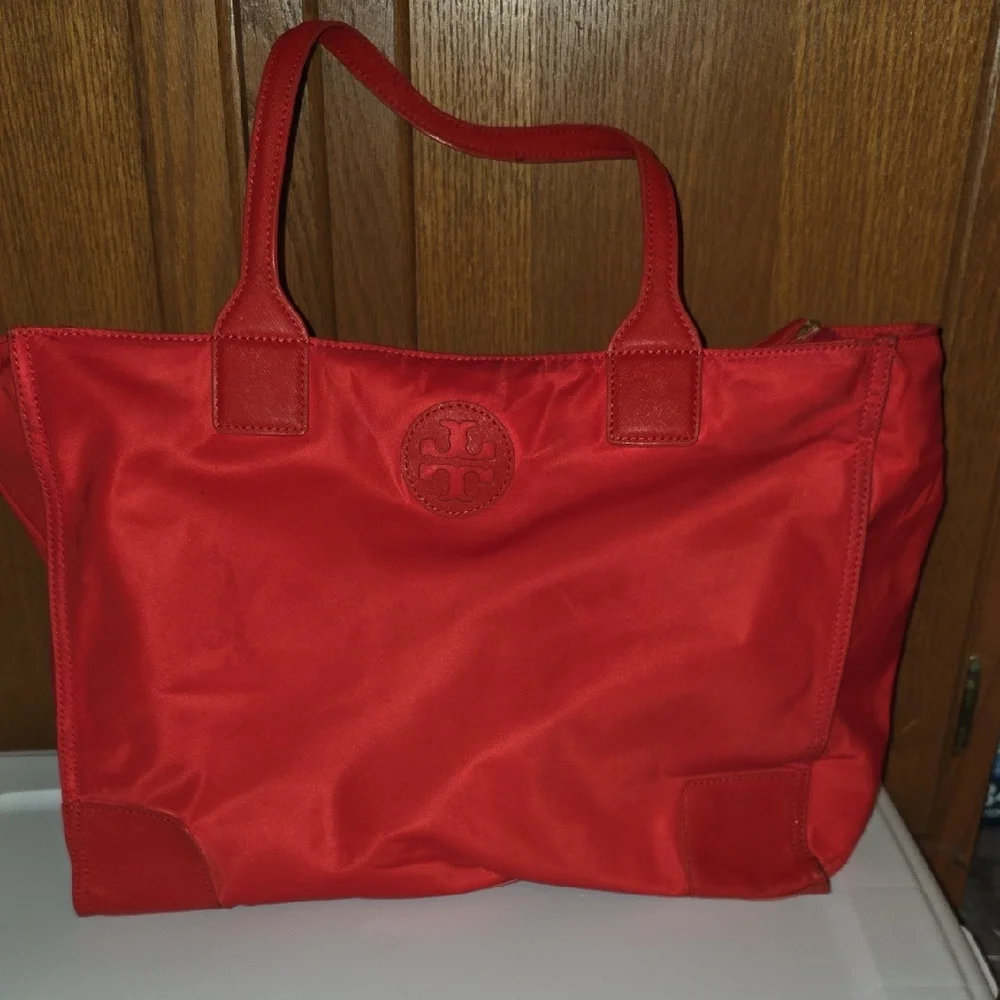 Tory Burch Bright Red Nylon Tote with Leather Trim